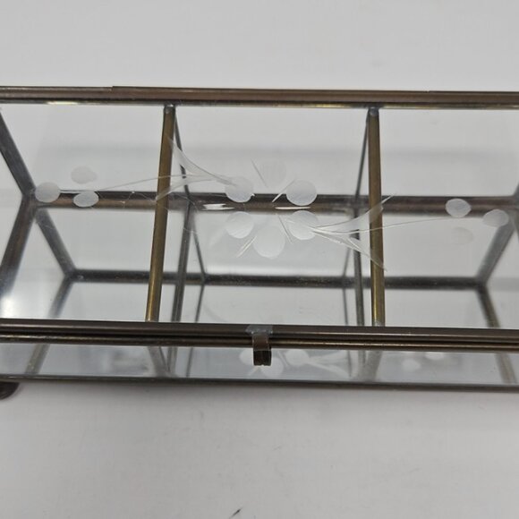 Vintage Mirrored Brass Leaded Etched Glass Divided Jewelry Trinket Box Casket - Picture 6 of 7